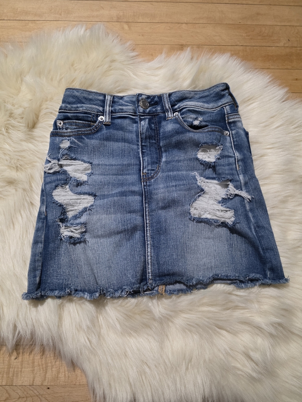 American Eagle Outfitters Blue Distressed Denim Mini Skirt Frayed Hem Button 0